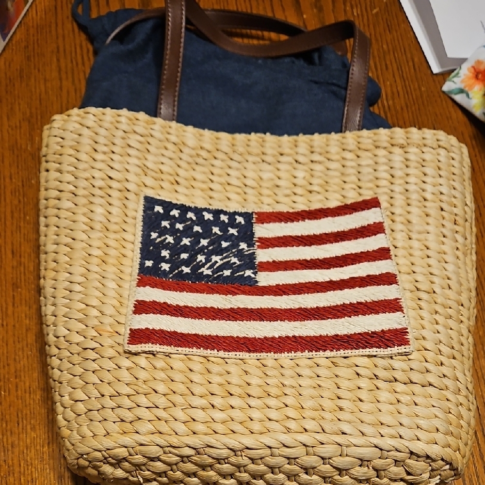 Woven Tote Bag With American Flag Patch